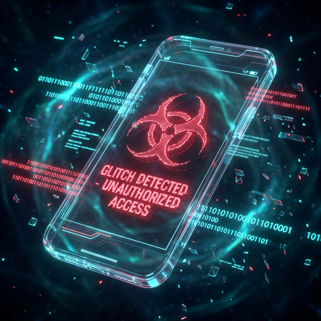 Smartphone showing warning signs of being hacked with malware indicators